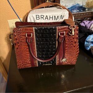 Brahmin Tan and Black Croc-Embossed Satchel